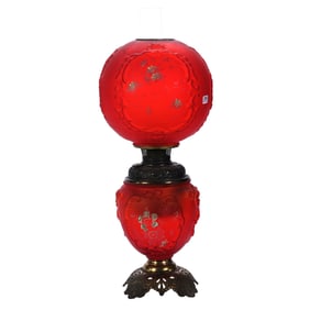 Gone With Wind Table Lamp, Red Satin With Enamel Floral Highlights