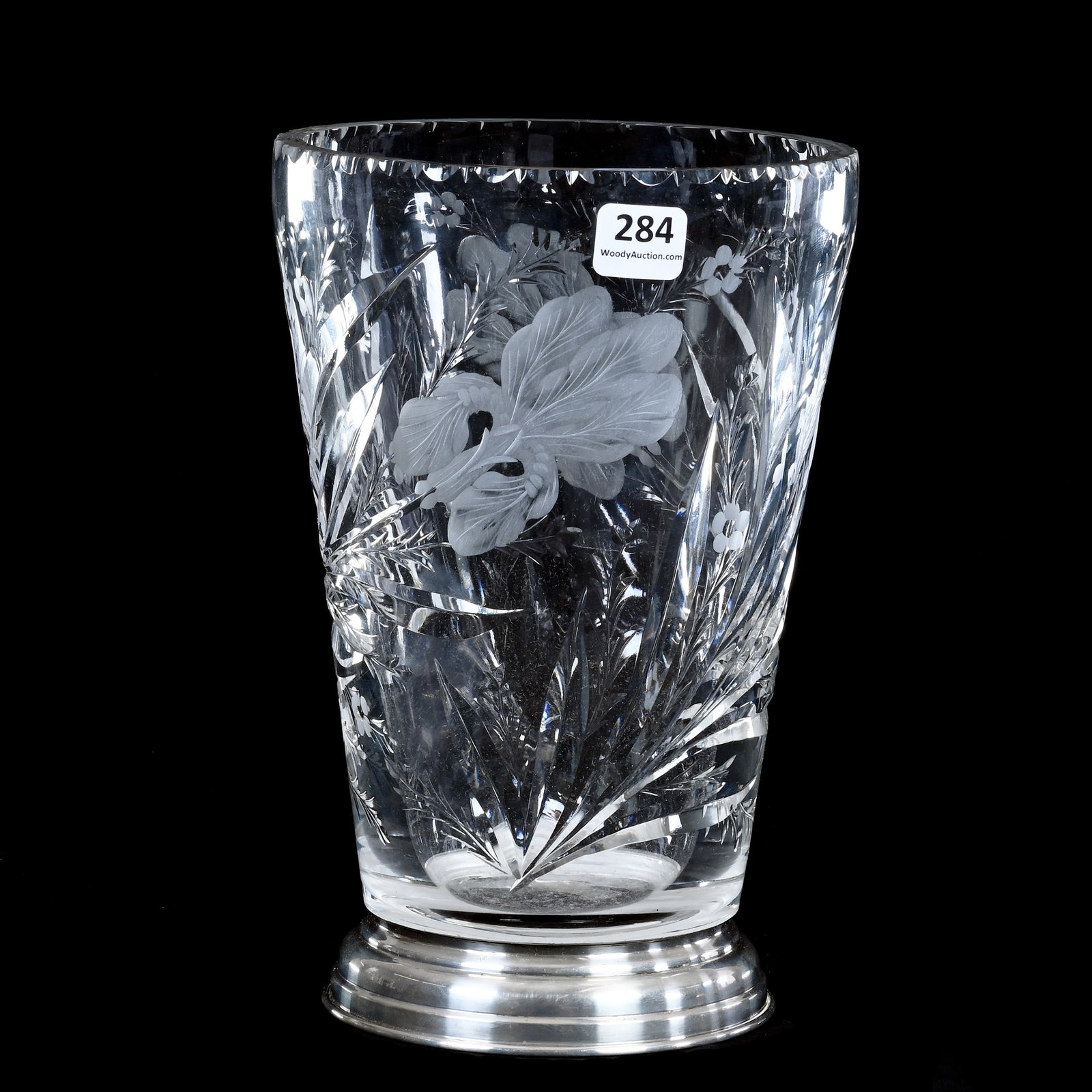 Vase, American Brilliant Cut Glass, Signed Hawkes Gravic Iris Pattern, Signed Hawkes Sterling Silver: 4.38 lbs, 8.75" x 5.75", Vase, American Brilliant Cut Glass, Signed Hawkes Gravic Iris Pattern, Signed Hawkes Sterling Silver Foot, The Bob Lawroski Estate.