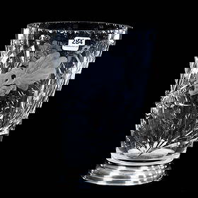 Vase, American Brilliant Cut Glass, Signed Hawkes Gravic Iris Pattern, Signed Hawkes Sterling Silver: 4.38 lbs, 8.75" x 5.75", Vase, American Brilliant Cut Glass, Signed Hawkes Gravic Iris Pattern, Signed Hawkes Sterling Silver Foot, The Bob Lawroski Estate.