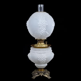 Gone With Wind Table Lamp, White Satin Art Glass, Hanging Grape Pattern By Consolidated, Large Rim