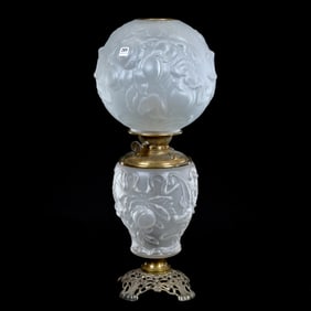 Gone With Wind Table Lamp, White Satin Art Glass, Peaches Pattern By Pittsburgh