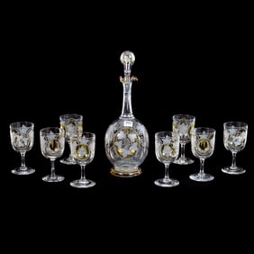 Decanter And Wine Set, Boston & Sandwich Circa 1860-1875 - Blown Glass With Engraved Floral Decor