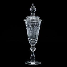 Pokal, Clear Bohemian Engraved Glass With Lattice, Scroll, Floral And Punty Highlights