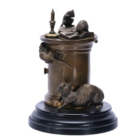 Figural Inkwell/Paperweight - Detailed Bronze Features Pedestal With Cat And Mouse Design