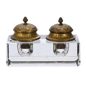 Double Inkwell - Clear Crystal Block With Two Removable Gilt Metal Well - Engraved Otto H. Hasselman