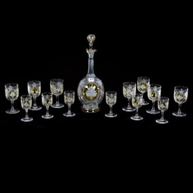 Decanter And Wine Set, Boston & Sandwich Circa 1860-1875 - Blown Glass With Engraved Floral Decor