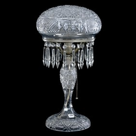Table Lamp, American Brilliant Cut Glass, Mushroom Shade, Harvard Pattern With Diamond And