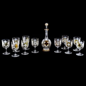 Decanter And Stemware Set, Boston & Sandwich - Circa 1860-1875 - Blown Glass With Engraved Floral