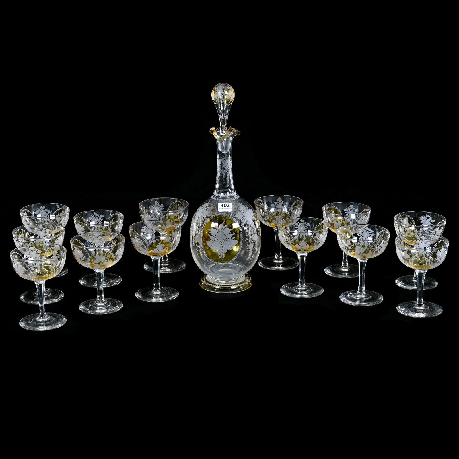 Decanter And Wine Set, Boston & Sandwich Circa 1860-1875 - Blown Glass With Engraved Floral Decor: 5.46 lbs, See Description For Measurement, Decanter And Wine Set, Boston & Sandwich Circa 1860-1875 - Blown Glass With Engraved Floral Decor, Amber Medallions (Silver Stain) With Pattern Matched Stopp