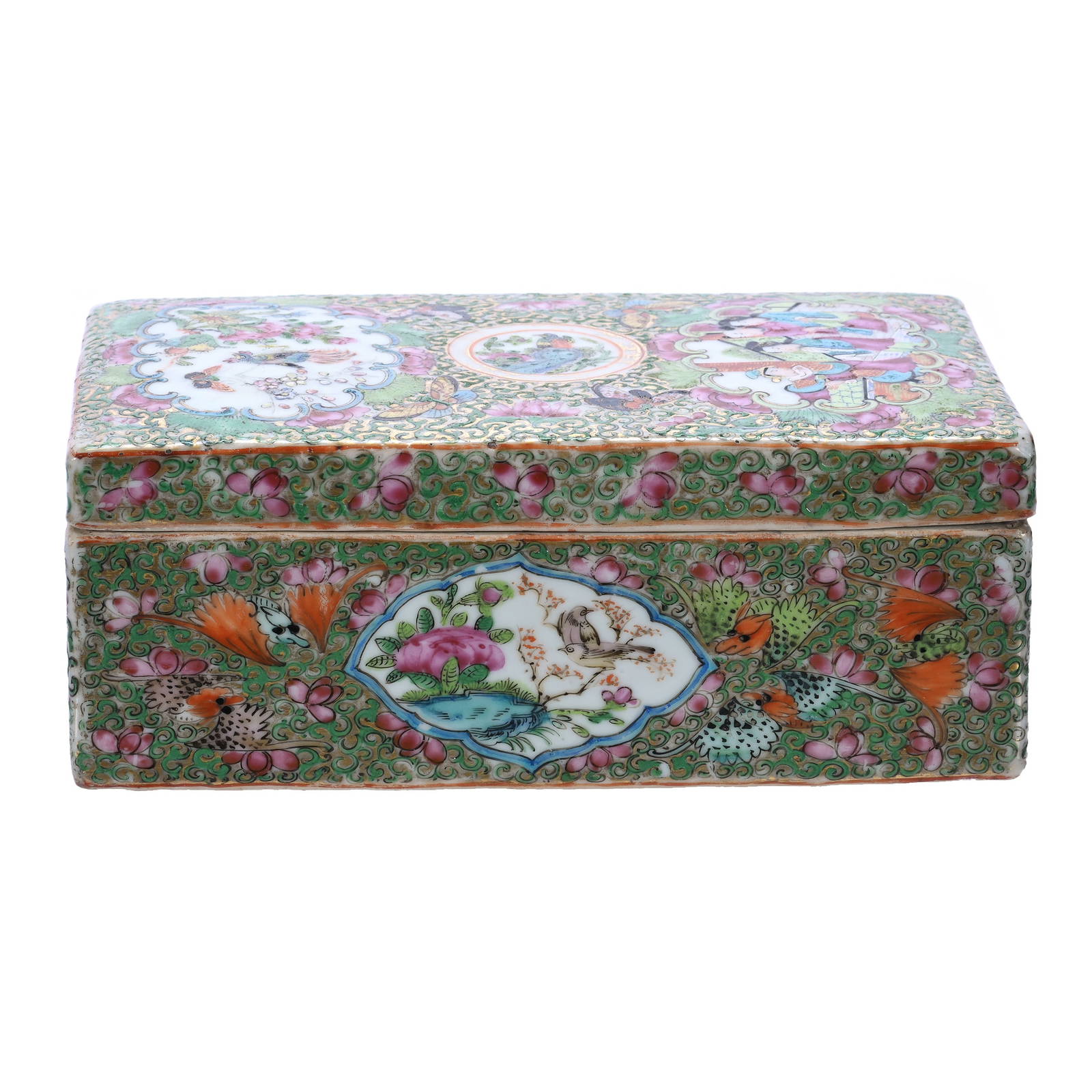 Covered Divided Brush Box, Chinese Export Porcelain, Canton Famille Rose, 19th Century