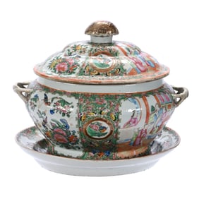 Covered Soup Tureen With Underplate, Unmarked Chinese Export Porcelain, Rose Medallion