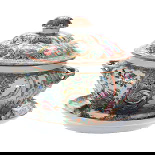 Covered Soup Tureen With Underplate, Unmarked Chinese Export Porcelain, Rose Medallion: 7.94 lbs, 9.5" x 11.5" x 7.75", Covered Soup Tureen With Underplate, Unmarked Chinese Export Porcelain, Rose Medallion, 19th