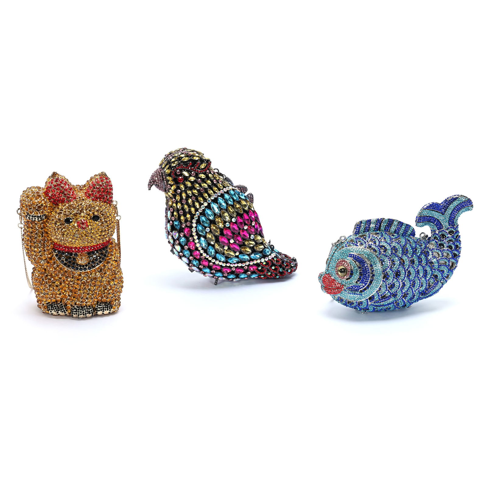 Figural Clutch Bags, In The Style Of Christal Couture, Parrot, Lucky Cat, Beautiful Bermuda
