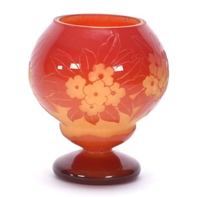 Pedestal Vase, Reproduction Charles Schneider Cameo Glass, Marked Charder