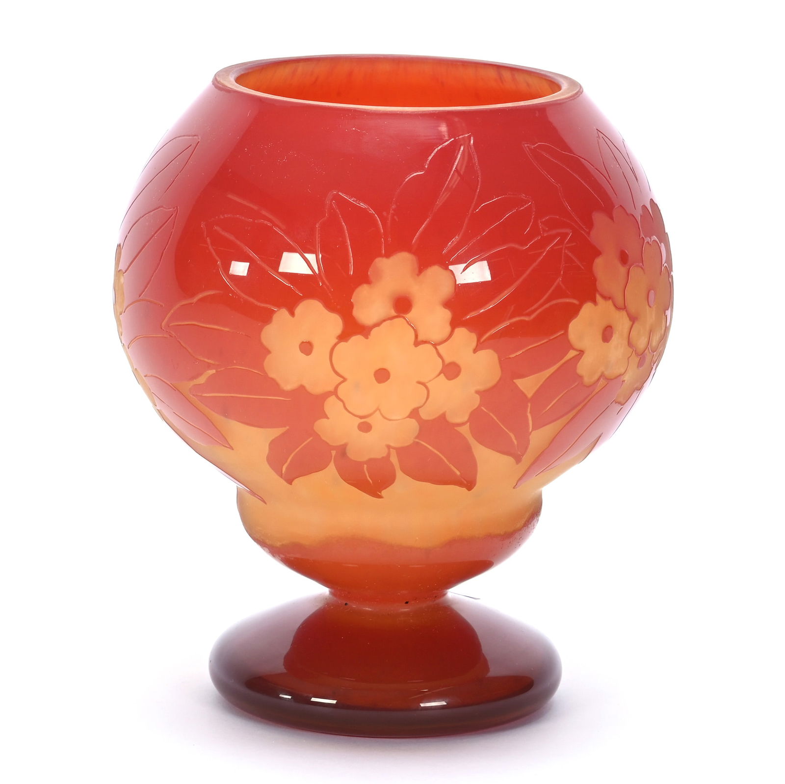 Pedestal Vase, Reproduction Charles Schneider Cameo Glass, Marked Charder: Pedestal Vase, Reproduction Charles Schneider Cameo Glass, Marked Charder, 7" x 6" x 6", 2.56 Pounds, Yellow Mottled Background With Orange Floral Cutback Overlay, Woody Auction Does Not Guarantee The