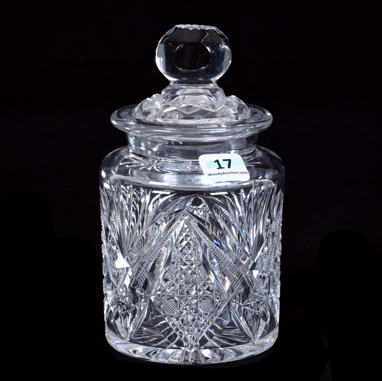 Cigarette Humidor, American Brilliant Cut Glass: Cigarette Humidor, American Brilliant Cut Glass, 6.25" x 3.5" x 3.5", 1.92 Pounds, Kite, Cane, Zipper, And Fan Motif, Ray Cut Base, The Bob Lawroski Estate.