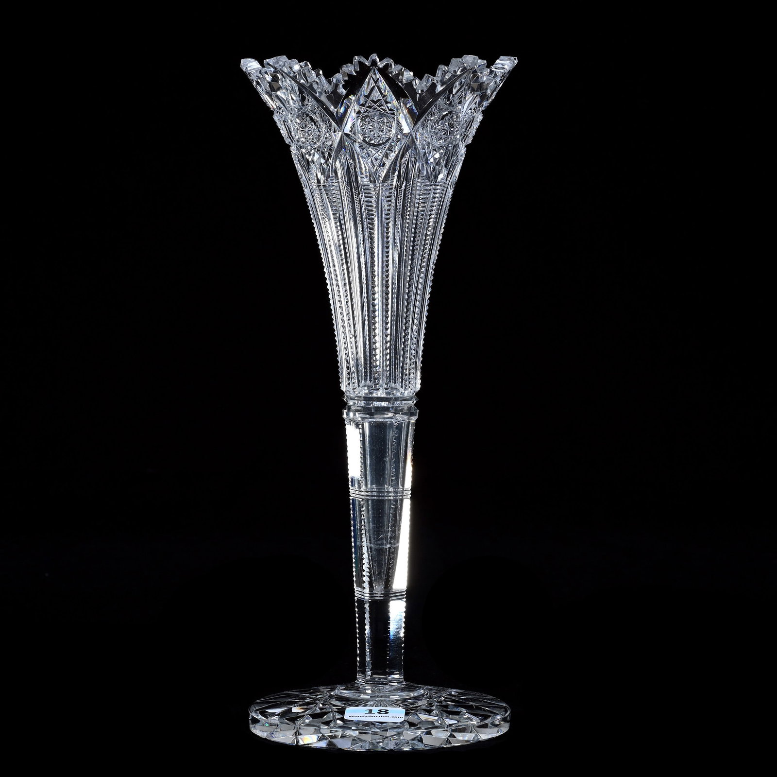 Trumpet Vase, American Brilliant Cut Glass, Signed Hawkes, Brunswick Pattern: Trumpet Vase, American Brilliant Cut Glass, Signed Hawkes, Brunswick Pattern, 10" x 4" x 4", 1.32 Pounds, Hobstar Cut Foot, Two Outside Rim Tooth Chips, The Bob Lawroski Estate.