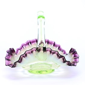 Basket, Vaseline Art Glass With Opal And Amethyst Ruffled Rim