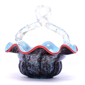 Basket, Cased Art Glass, Blue Interior With Amethyst Mottled Exterior
