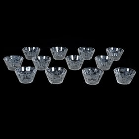 (12) Finger Bowls, Bohemian Art Glass, Panel Cut With Engraved Stag Scene Decor
