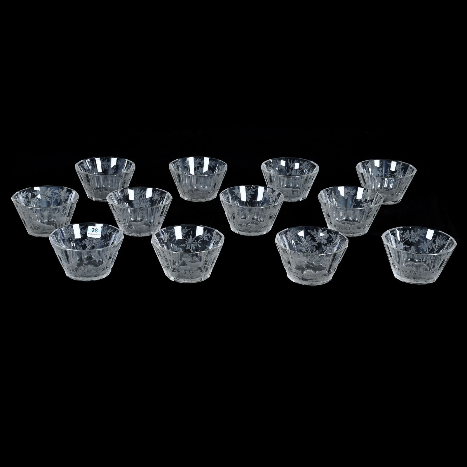 (12) Finger Bowls, Bohemian Art Glass, Panel Cut With Engraved Stag Scene Decor (1 of 4)