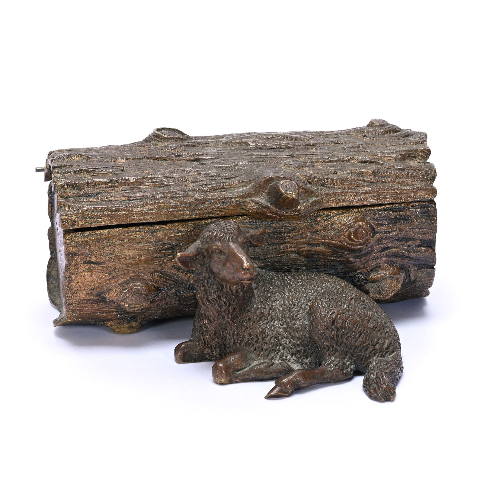 Figural Box, Solid Bronze, Features Lamb Resting In Front Of Log (1 of 3)