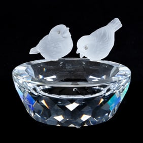 Ash Tray, Signed Swarovski Crystal, Two Frosted Birds On Edge Of Dish
