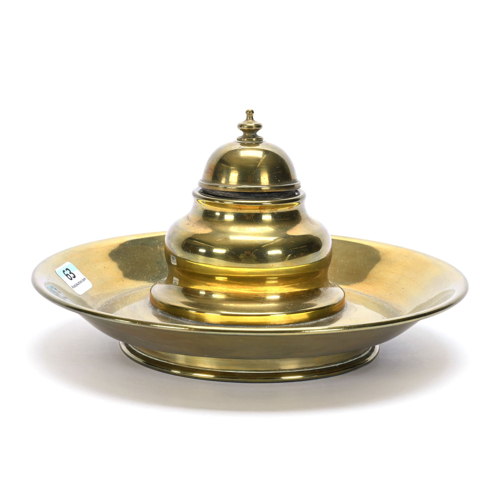 Brass Inkwell, No Visible Makers Mark: Brass Inkwell, No Visible Makers Mark, 4.5" x 8.25", 1.22 Pounds, Hinged Lid Reveals Removable Ceramic Well, Well With Rim Chip, The Bob Lawroski Estate.