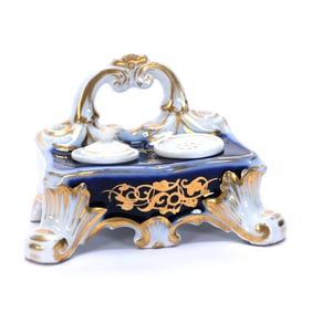 Desk Set, Unmarked Old Paris, Cobalt Blue And White With Gold Stencil Highlights