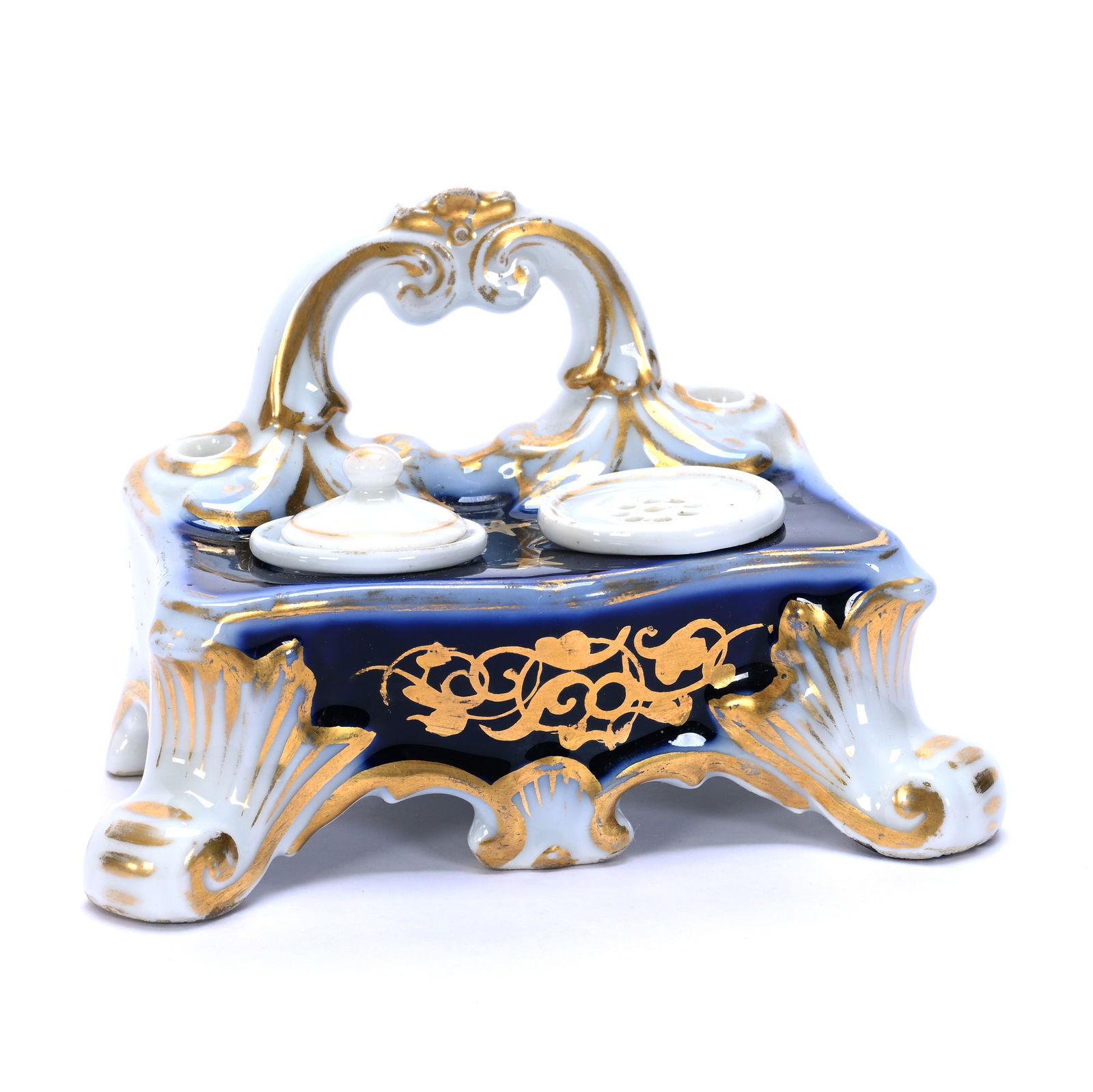 Desk Set, Unmarked Old Paris, Cobalt Blue And White With Gold Stencil Highlights (1 of 3)
