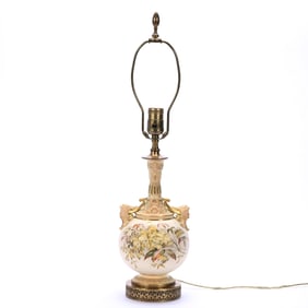Table Lamp, Unmarked Royal Worcester, Cream Tones With Floral Decor