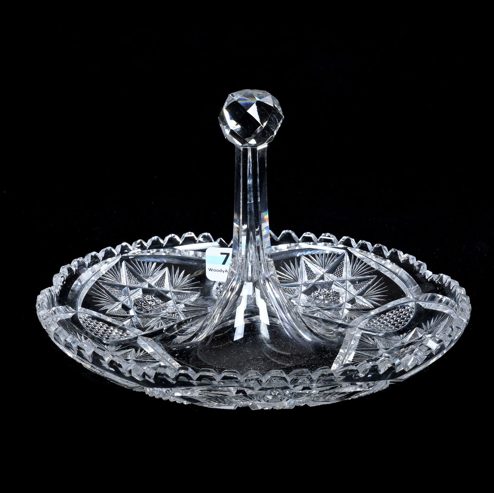 Stick Dish, American Brilliant Cut Glass, By Meriden Pattern No. 136: Stick Dish, American Brilliant Cut Glass, By Meriden Pattern No. 136, 4.5" x 7" x 7", 1.22 Pounds, Light Interior Roughness, One Tooth Touch Up, The Bob Lawroski Estate.