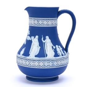 Pitcher, Marked Wedgwood England, Classic Blue With White Relief