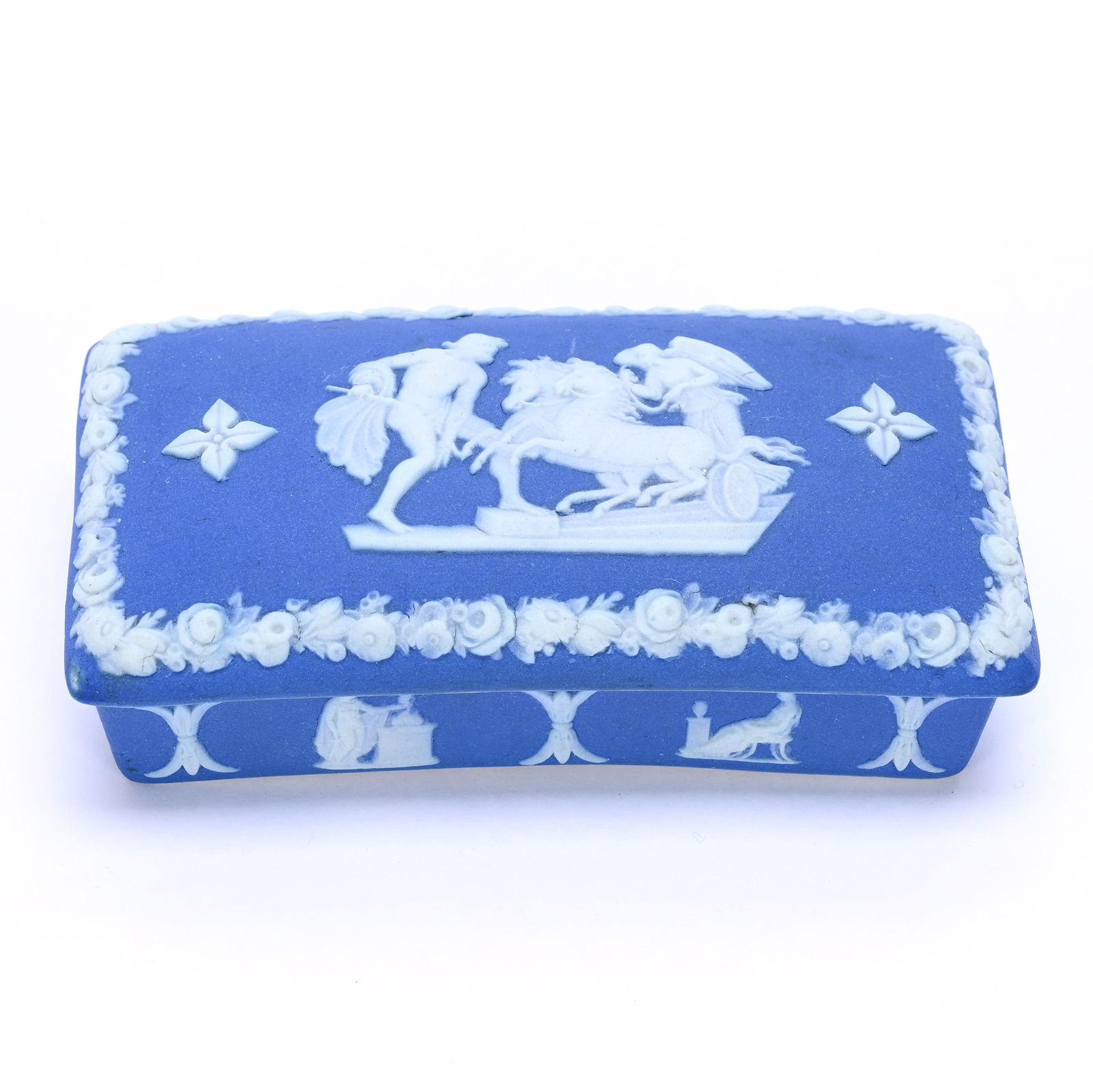 Matchbox, Marked Wedgwood, Classic Blue With White Scenic Relief: Matchbox, Marked Wedgwood, Classic Blue With White Scenic Relief, 1.25" x 3.75" x 2", .30 Pounds, Match Striker In Lid, The Bob Lawroski Estate.