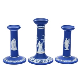 (3) Wedgewood Candle Stick Holders, Classic Blue With White Scenic Relief
