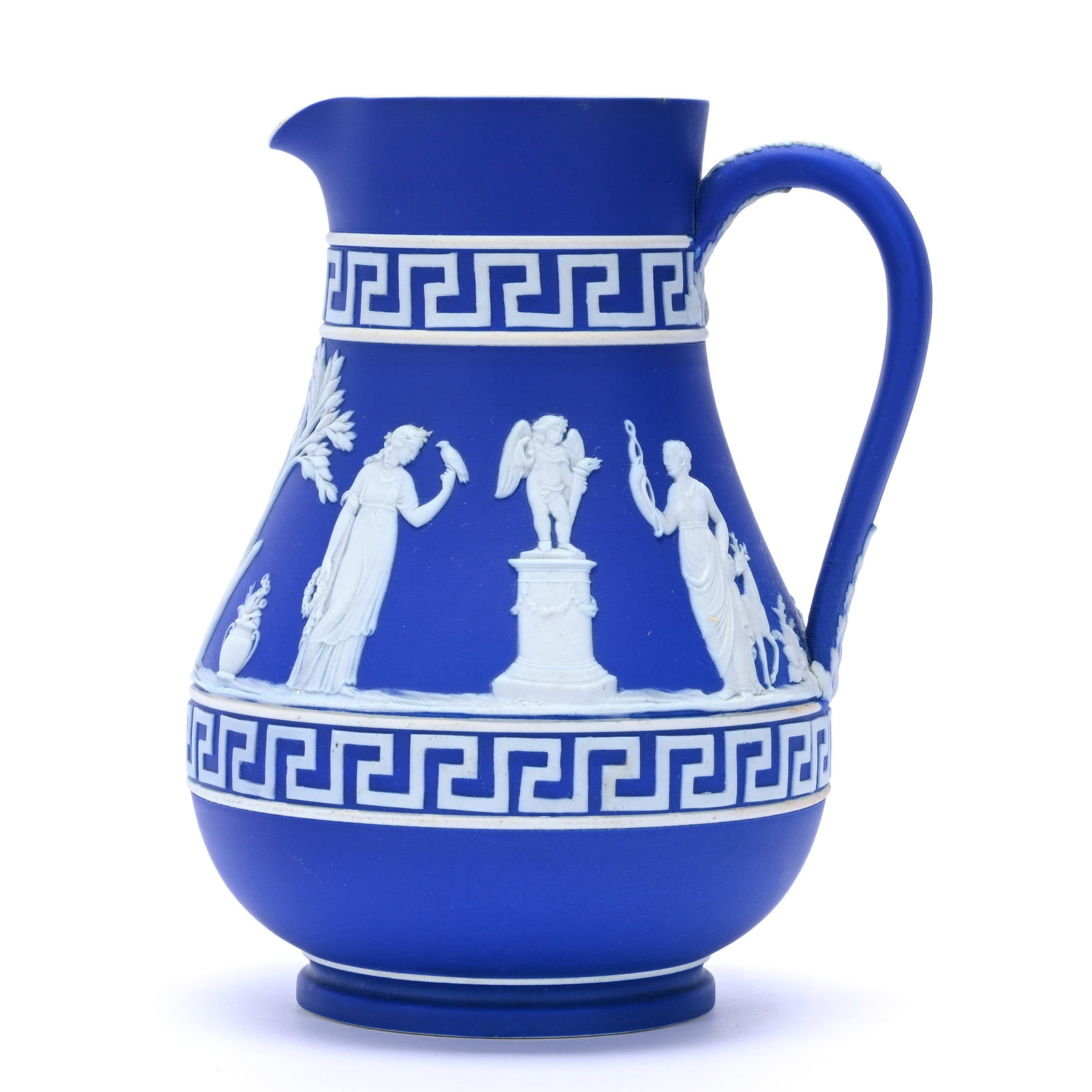 Pitcher, Marked Wedgwood, Classic Blue And White With White Relief: Pitcher, Marked Wedgwood, Classic Blue And White With White Relief, 7.25" x 5.5" x 5", 1.66 Pounds, Nice Quality, The Bob Lawroski Estate.