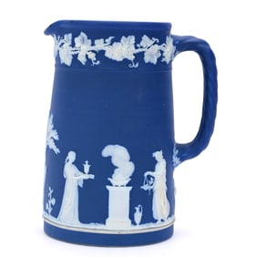 Pitcher, Marked Wedgwood England, Classic Blue With White Scenic Relief