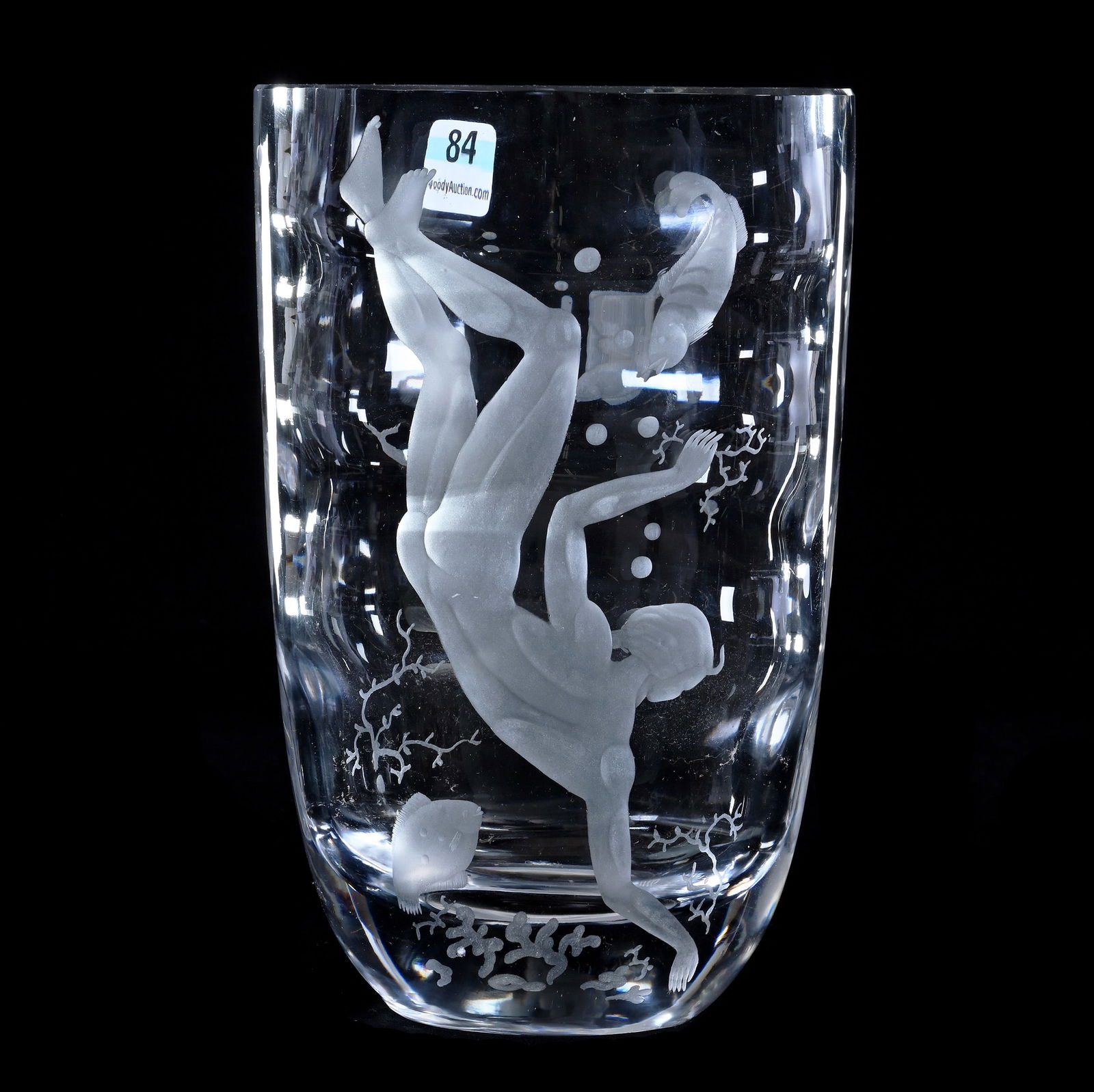 Oval Vase, Crystal Signed Kosta Boda, #2538/1032: Oval Vase, Crystal Signed Kosta Boda, #2538/1032, 11" x 7" x 5.25", 11.18 Pounds, Finely Engraved Nude Diver With Aquatic Highlights, Base Rim Chip/Bruise, The Bob Lawroski Estate.