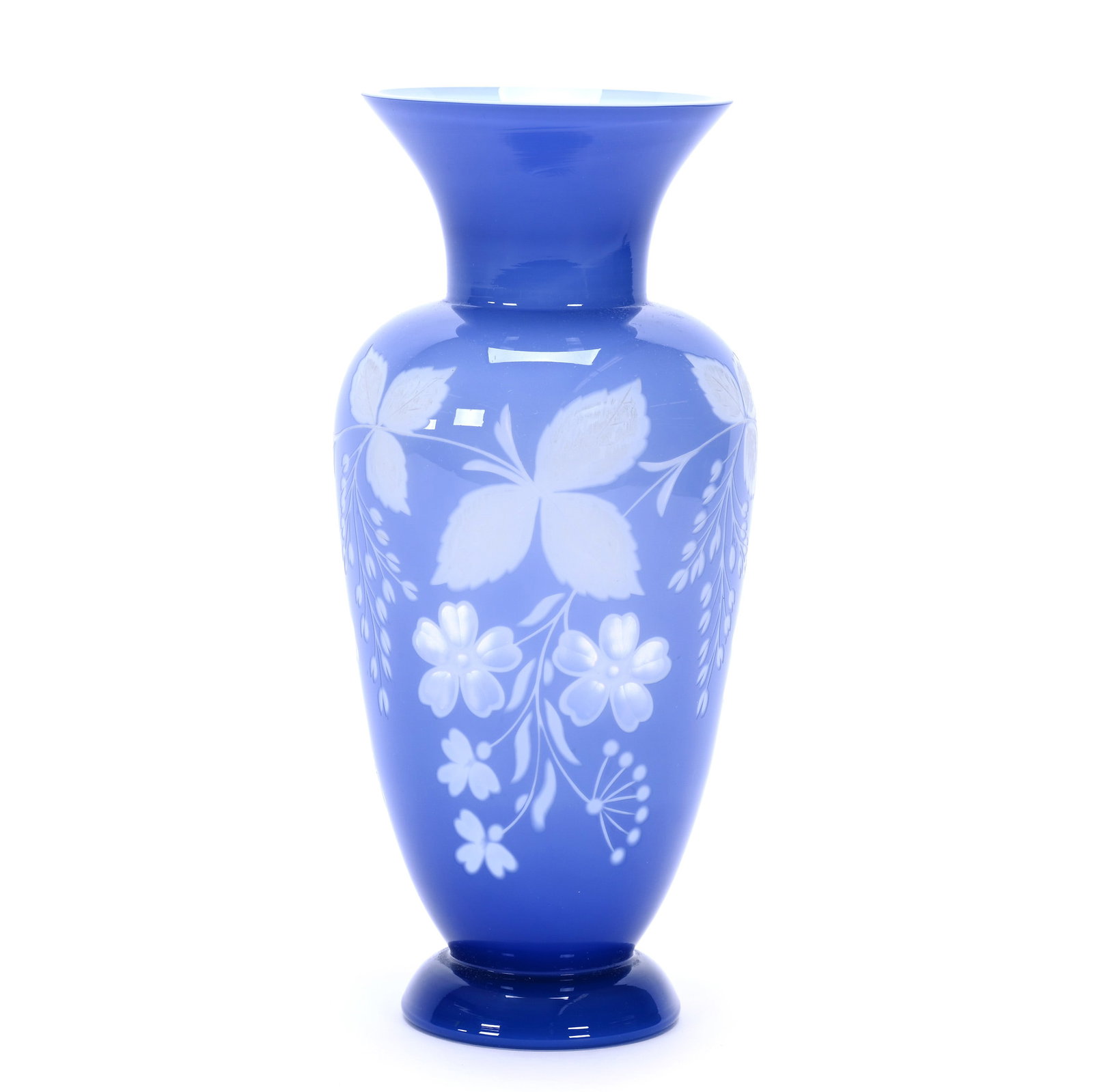 Vase, Cased Art Glass Vase, Cameo Engraved Floral And Branch Decor: Vase, Cased Art Glass Vase, Cameo Engraved Floral And Branch Decor, 10" x 4.5" x 4.5", 1.3 Pounds, Blue Cut To White Cut To Clear Triple Layer, Circa 1950's, The Bob Lawroski Estate.