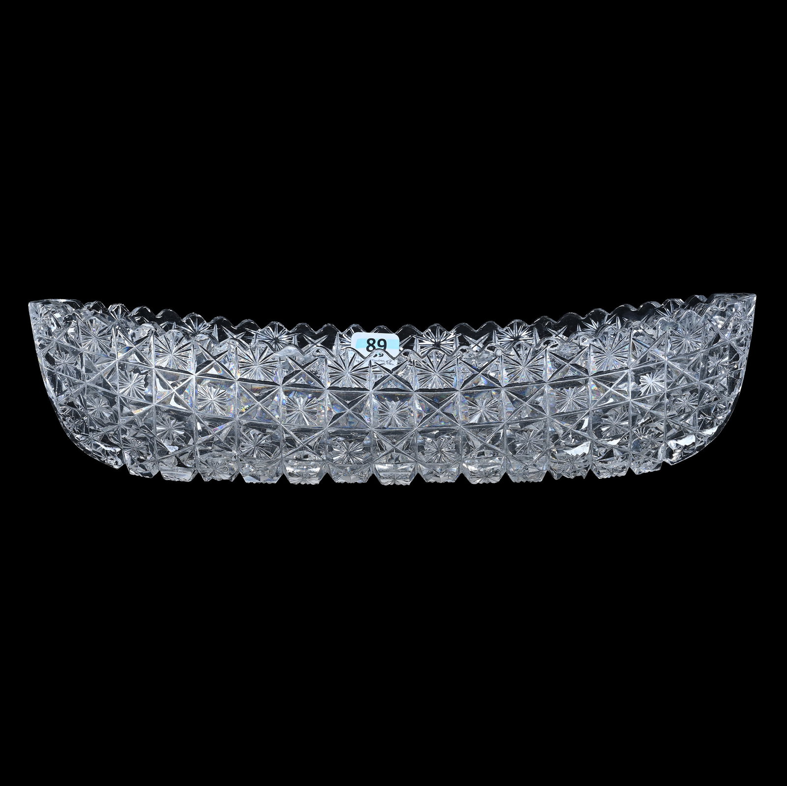 Canoe Shaped Relish, Devonshire Pattern By Maple City: Canoe Shaped Relish, Devonshire Pattern By Maple City, American Brilliant Cut Glass, 3" x 12.5" x 4.25", 2.96 Pounds, Blocks Of Star And Quartered Diamond Motif, Minor Tooth Polish, The Bob Lawroski E