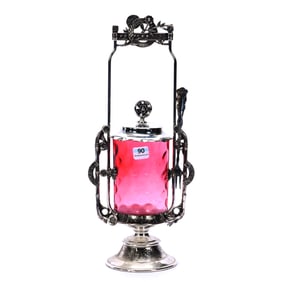 Pedestal Pickle Castor, Cranberry Coinspot Art Glass Insert