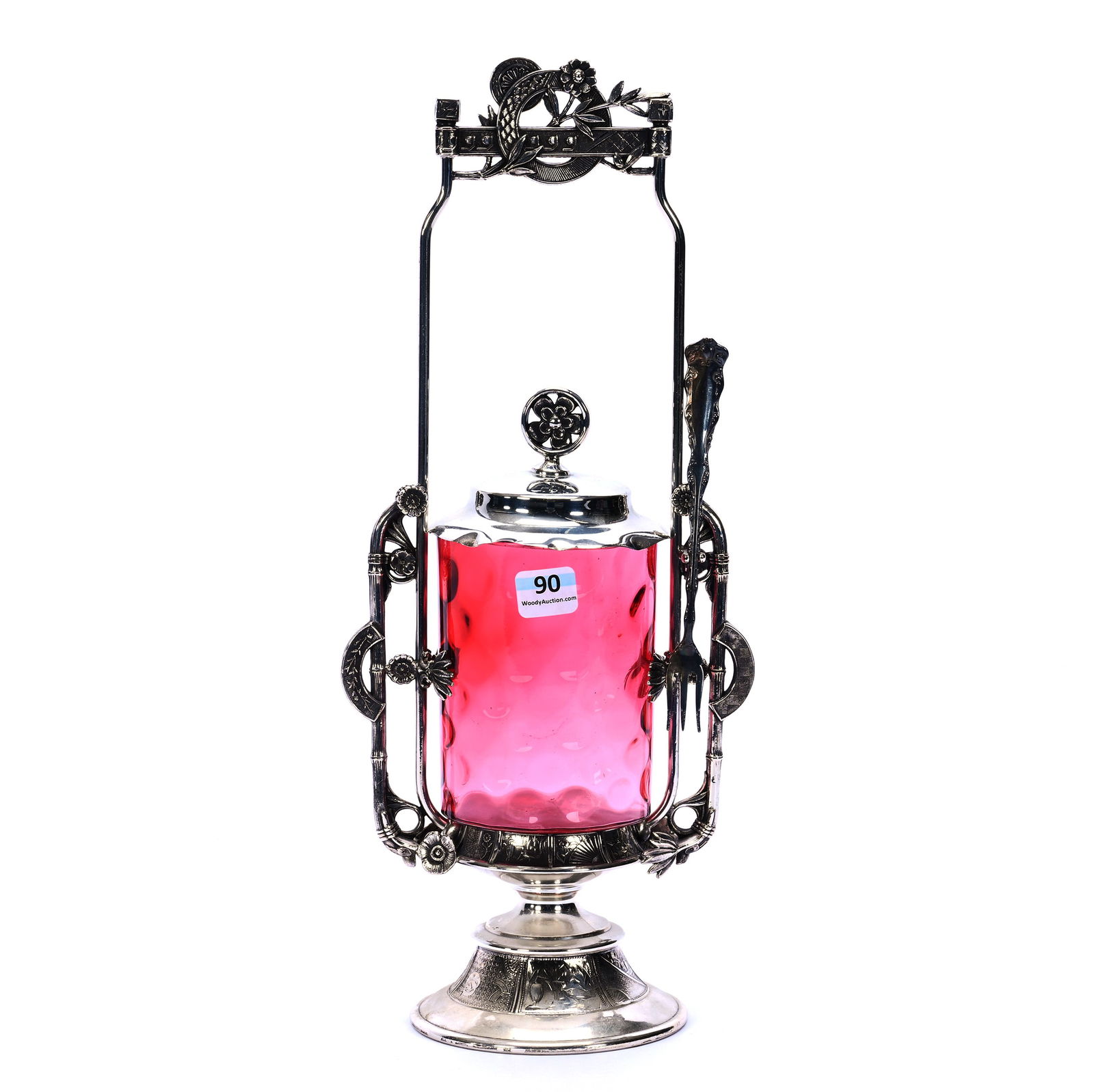 Pedestal Pickle Castor, Cranberry Coinspot Art Glass Insert (1 of 5)