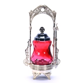 Pickle Castor, Cranberry Coinspot Art Glass Insert, Set On Webster & Bro. #44 Silverplate Frame
