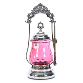 Pickle Castor, Cranberry Coinspot Art Glass Insert, Set On Monarch #353 1/2 Silverplate Frame