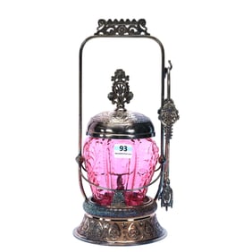 Pickle Castor, Cranberry Paneled Sprig Art Glass Insert, Set On Middletown #154 Silverplate Frame