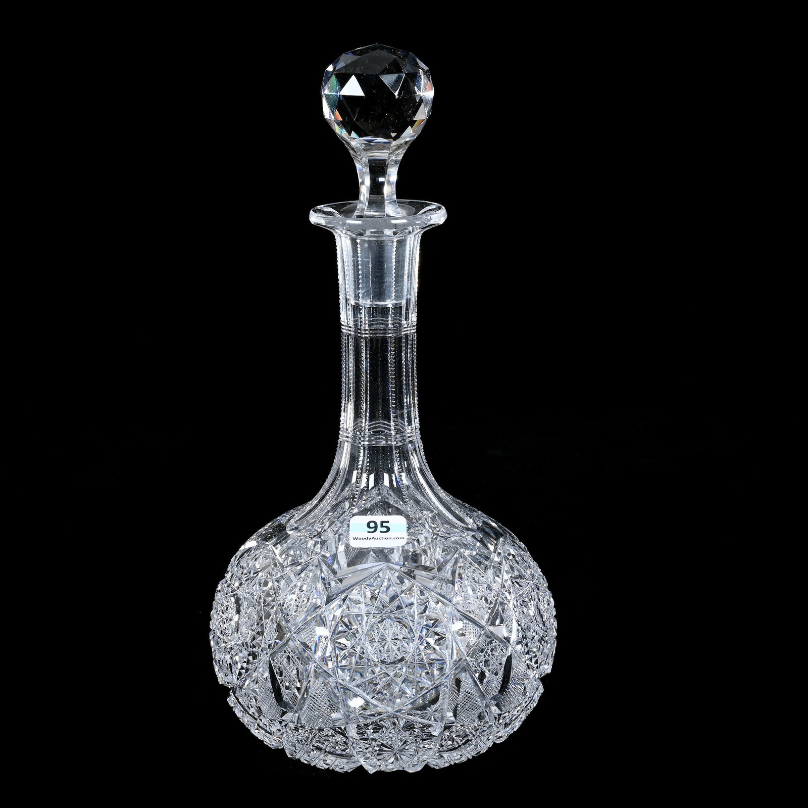 Decanter, American Brilliant Cut Glass: Decanter, American Brilliant Cut Glass, 11.25" x 5.5" x 5.5", 2.82 Pounds, Hobstar, Vesica, Cane, Crosscutting, And Fan Motif, The Bob Lawroski Estate.