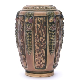 Vase, Roseville (Ink Stamp) Art Pottery, Florentine Pattern, Brown Tones With Colored Highlights