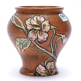 Vase, Marked Weller Art Pottery, Kenova Pattern, Brown Tones With Floral Decor