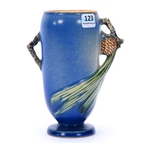 Two Handled Vase, Roseville Art Pottery #748-6, Pinecone Pattern, Blue Tones