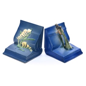 (2) Book Ends, Roseville Art Pottery, Blue Tones, (1) Pinecone, (1) Freesia